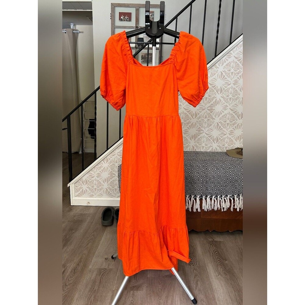 Women's Midi Dress Puff-Sleeve Backless Orange - Who What Wear